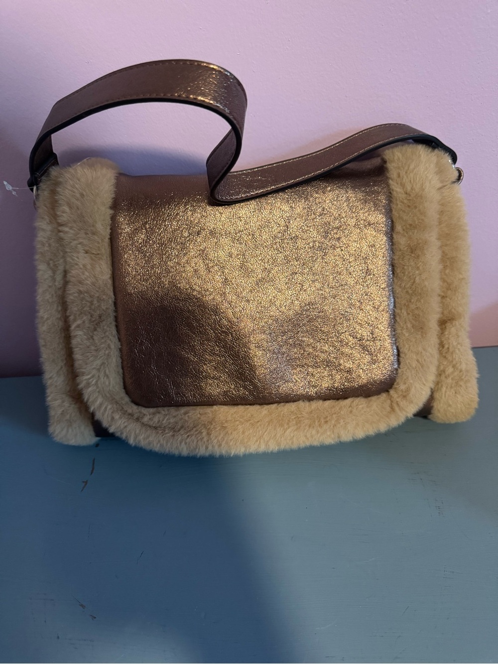 BCBGeneration Metallic Taupe Shoulder Bag with Beige Faux Fur Trim